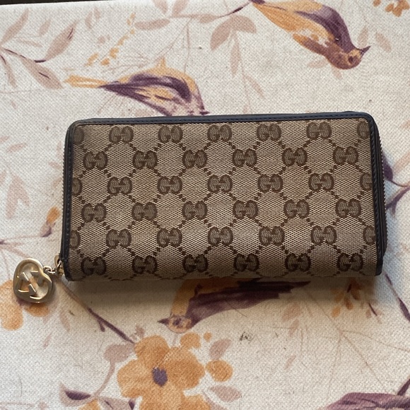 AUTHENTIC GUCCI LONG WALLET 308005 CANVAS & LEATHER HEART FOB ZIP AROUND - Picture 2 of 12